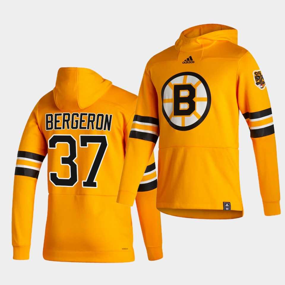 Men Boston Bruins 37 Bergeron Yellow NHL 2021 Adidas Pullover Hoodie Jersey
